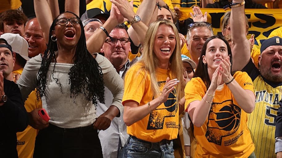 Aliyah Boston, Lexie Hull and Caitlin Clark react to the Indiana Pacers Game 6 win over the New York Knicks. | Photo by Nathaniel S. Butler / NBAE via Getty Images