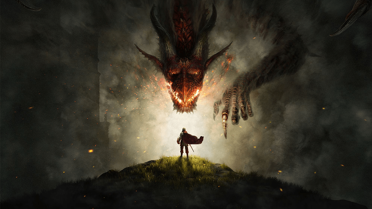 Dragon's Dogma 2 artwork showing a knight face a giant dragon.