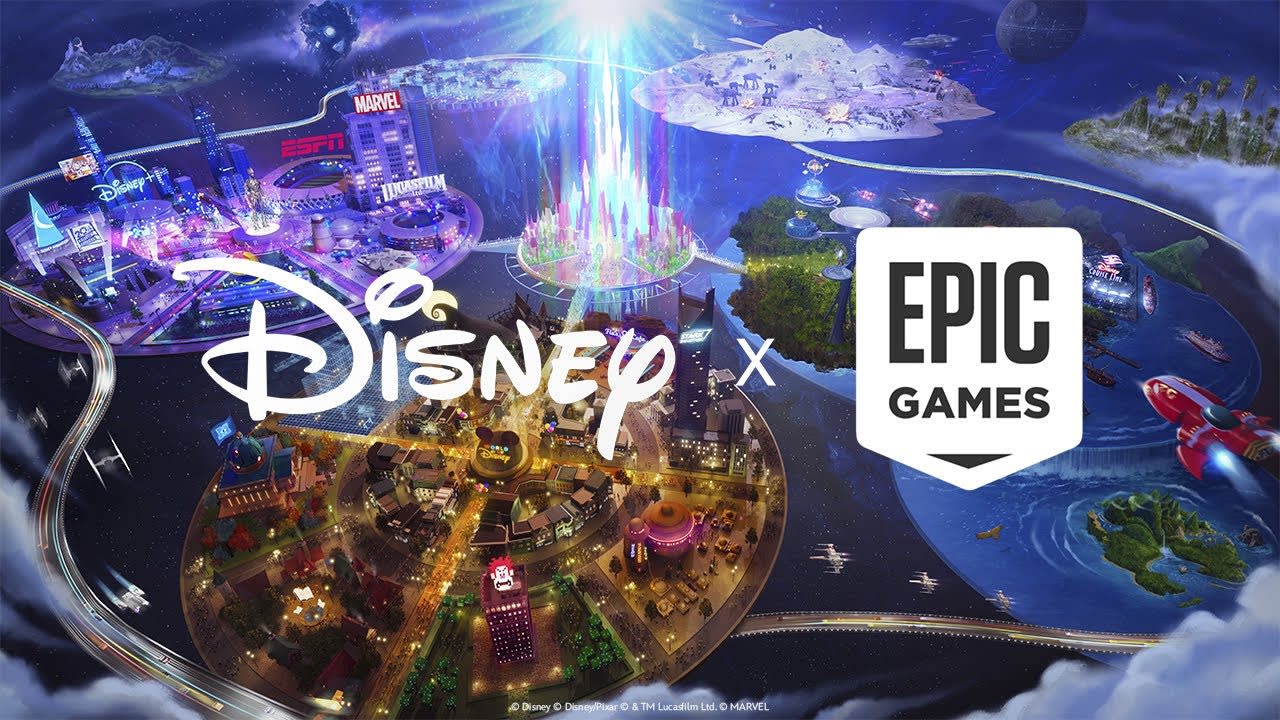 Disney and Epic Games logos on top of a mash-up of Disney's properties and the Fortnite island.