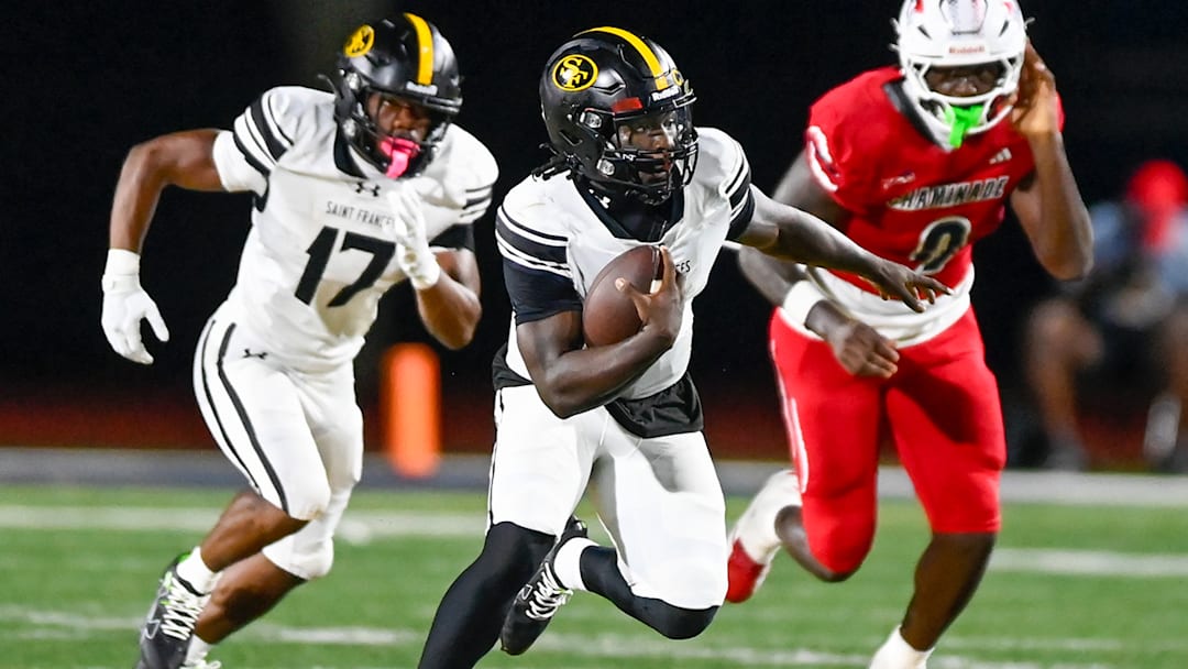 Denari Hill of St. Frances Academy runs free during the Panthers' 42-13 rout of Chaminade-Madonna, Saturday night in South Florida.