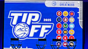October 6, 2025; Charlotte, North Carolina, USA; The stage inside the press conference room at the 2025 ACC Basketball Tipoff, at the Uptown Hilton Hotel. The annual preseason media event is being held through Oct. 8. Mandatory Credit: Brad Bierman, The Juice Online-On SI