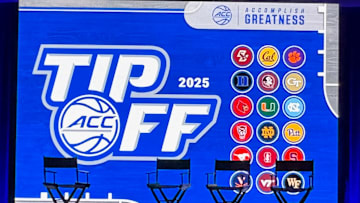 October 6, 2025; Charlotte, North Carolina, USA; The stage inside the press conference room at the 2025 ACC Basketball Tipoff, at the Uptown Hilton Hotel. The annual preseason media event is being held through Oct. 8. Mandatory Credit: Brad Bierman, The Juice Online-On SI