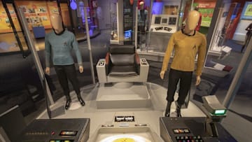 Enterprise bridge featuring original helm and navigation control console from \"Star Trek\" TV series, 1966-69.

Star Trek Enterprise bridge Children's Museum Indianapolis