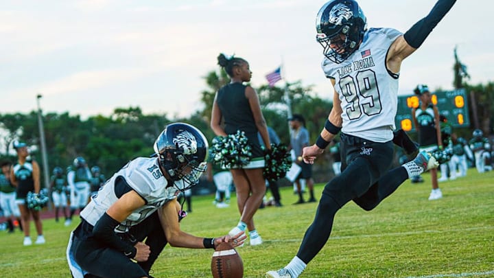 Lake Nona’s Trey Butkowski, a 5-star Kohl’s kicker, boomed a 58-yard field goal on Friday night against Timber Creek to set a Central Florida record. He also kicked a 51-yarder in the game, won by the Lions, 36-7. Lake Nona’s Trey Butkowski, a 5-star Kohl’s kicker, boomed a 58-yard field goal on Friday night against Timber Creek to set a Central Florida record. He also kicked a 51-yarder in the game, won by the Lions, 36-7.