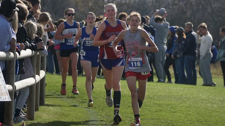 Calvary Lutheran's Sonya Brunner leads the pack in the Class 1 race in the MSHSAA Cross Country Championships on Nov. 8 in Columbia. 