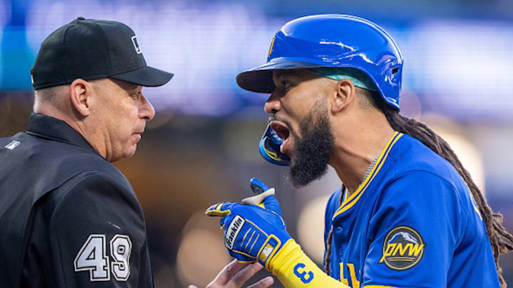 JP Crawford lets the umpire have a piece of his mind. JP Crawford lets the umpire have a piece of his mind.
