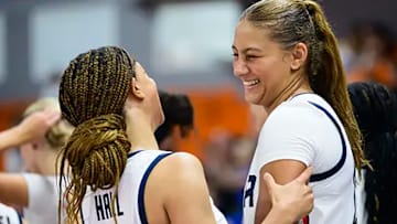 Sienna Betts (right) poured in a team-high 26 points and Saniyah Hall continued her double-double streak with 18 points and 13 rebounds.