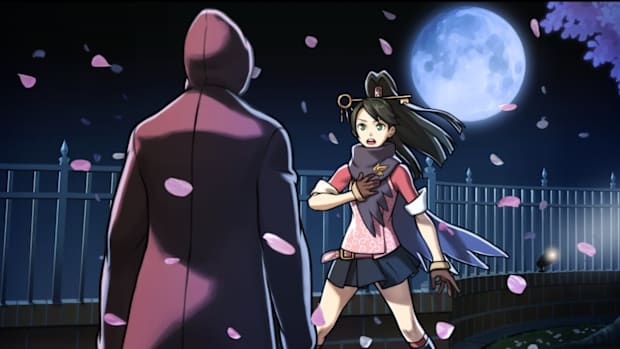 AAI screenshot. Kay looking shocked at a hooded figure as cherry blossoms blow past them with a full moon in the background.