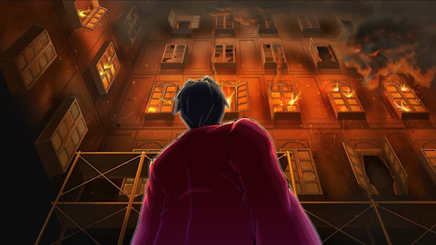 AAI Screenshot. Edgeworth looking up at a burning building.