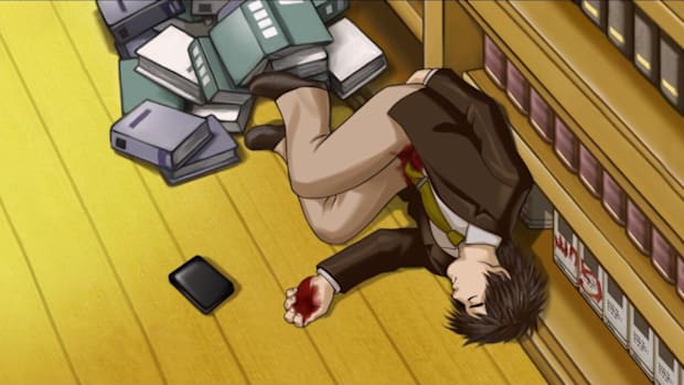 AAI screenshot. A dead man with a bloody hand slumped on the floor against a bookcase, with folders scattered near them