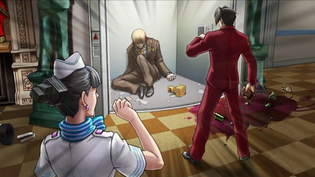 AAI screenshot. Edgeworth and an air hostess recoiling in shock at a dead body slumped in an open elevator.