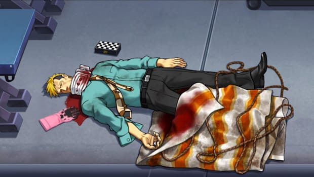 AAI screenshot. Mr Knight lying dead on the floor with blood coming out of his neck. He is partially covered in a sheet