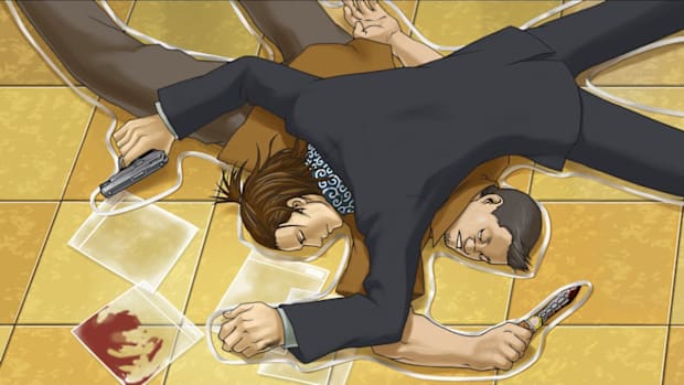 AAI screenshot. Two dead bodies lying on top of each other. One is holding a bloody knife with the other holds a gun.