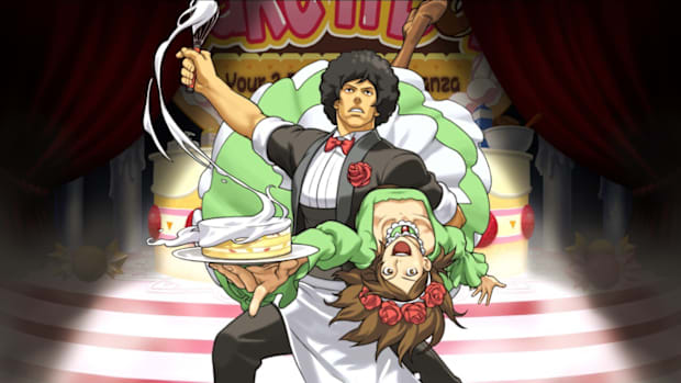 AAI screenshot. A man in a waiter's outfit and a woman in a green dress pose at the end of a dance holding a cake and a whisk