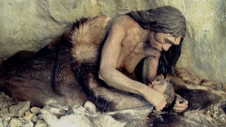 Detail of a diorama of a Neanderthal mother and child at the Moravian Provincial Museum in Brno, Czech Republic.