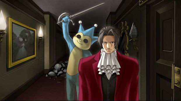 AAI screenshot. Edgeworth in a haunted house about to be struck from behind by a Blue Badger holding a sword.