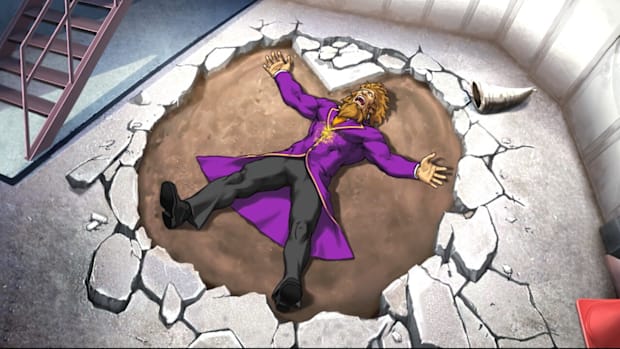 AAI screenshot. The president of Zheng Fa lying dead in what looks like a giant monster's footprint.