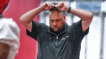 Arkansas Razorbacks tight ends coach Morgan Turner at Thursday's practice indoors in Fayetteville, Ark.
