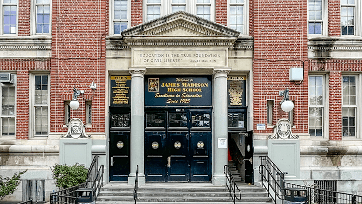 James Madison high school in Brooklyn, New York where a former football coach stands accused of brutally beating a a 14-year old student athlete in a school stairwell.