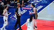 Caitlin Clark works on getting a technical foul during the Indiana Fever’s game against the New York Liberty.