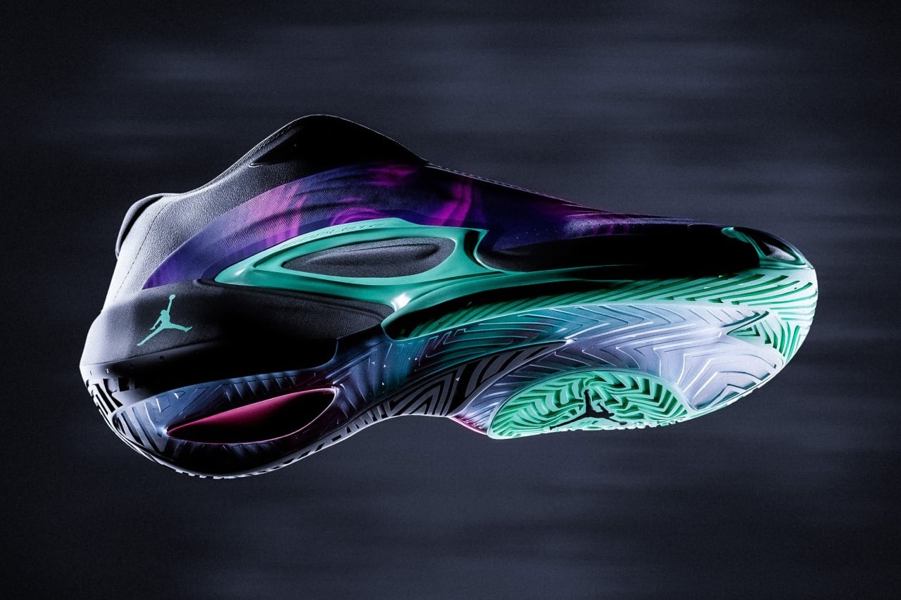 Side view of Luka Doncic's black and purple Jordan Brand sneaker.