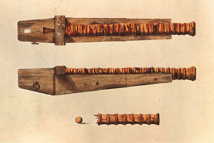 Watercolor illustrations of a rusted iron cannon and wooden carriage recovered from the ‘Mary Rose’ in the 1830s