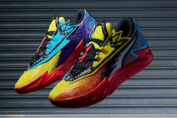 Multi-color PUMA basketball shoes.