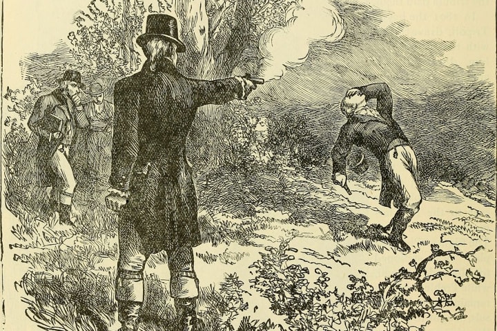 Aaron Burr fatally shoots Alexander Hamilton in their infamous duel.
