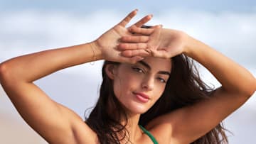 Toni Breidinger was photographed by Ben Horton at The Boca Raton. Swimsuit by Palmiza.