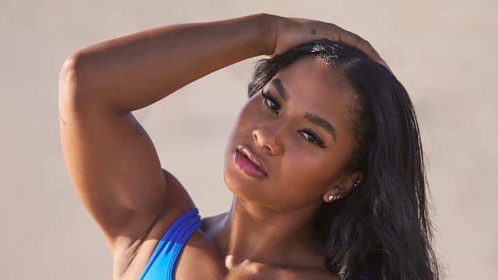 Jordan Chiles was photographed by Ben Horton at The Boca Raton. Swimsuit by Andi Bagus. Jordan Chiles was photographed by Ben Horton at The Boca Raton. Swimsuit by Andi Bagus.