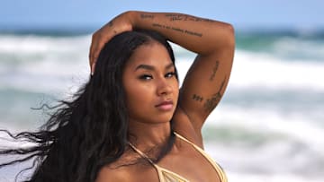 Jordan Chiles was photographed by Ben Horton at The Boca Raton. Swimsuit by I.AM.GIA.