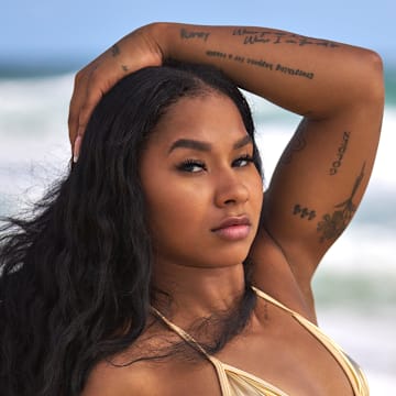 Jordan Chiles was photographed by Ben Horton at The Boca Raton. Swimsuit by I.AM.GIA.