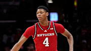 Rutgers Scarlet Knights guard Dylan Harper (2) high fives guard Ace Bailey (4) during the second half of the NCAA men's basketball game against the Ohio State Buckeyes at Value City Arena in Columbus on Saturday, Dec. 7, 2024. Ohio State won 80-66.