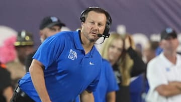 Memphis' coach Ryan Silverfield looks down the field during the game between Tulsa and Memphis at Simmons Bank Liberty Stadium in Memphis, Tenn.
