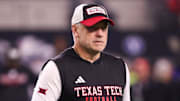 Texas Tech head coach Joey McGuire walks the field prior to the Big 12 Conference championship football game, Saturday, Nov. 6, 2025, at AT&T Stadium in Arlington.