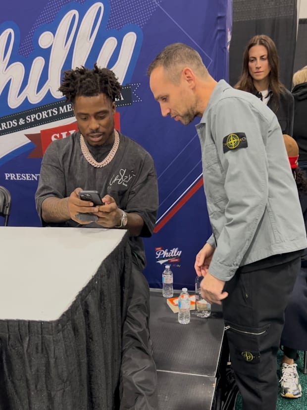 Fanatics CEO Michael Rubin talking to Super Bowl Champion CJ Gardner Johnson at the Philly Show