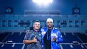 BYU wide receiver commit Legend Glasker with wide receivers coach Fesi Sitake