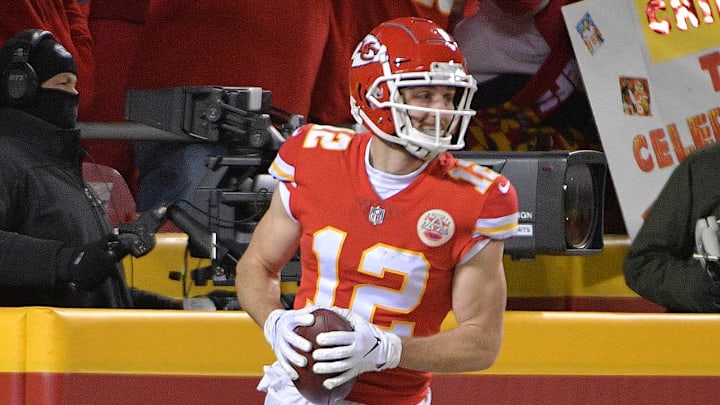 Jan 20, 2019; Kansas City, MO, USA; Kansas City Chiefs wide receiver Gehrig Dieter (12) celebrates after scoring a touchdown against the New England Patriots during the second half of the AFC Championship game at Arrowhead Stadium. Mandatory Credit: Denny Medley-Imagn Images