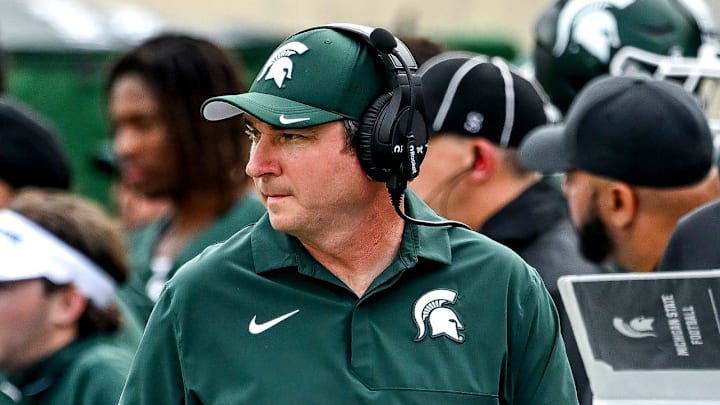 Michigan State's head coach Jonathan Smith looks on from the sideline during the second quarter in the game against Youngstown State on Saturday, Sept. 13, 2025, at Spartan Stadium in East Lansing.