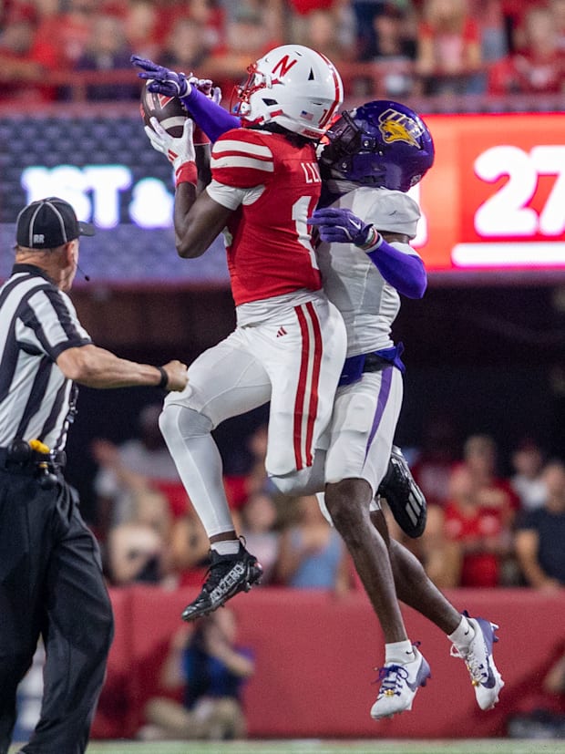 Nebraska receiver Jaylen Lloyd battles Northern Iowa's Fletcher Marshall Jr. for a catch. The play was ruled an interception.