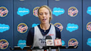 Indiana Fever guard Sophie Cunningham speaks to reporters during Sunday's practice media availability following 2025 WNBA All-Star weekend.