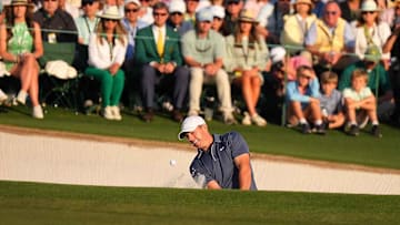 McIlroy bogeyed the 72nd hole after this bunker shot, one of many moments of adversity he overcame on Sunday at Augusta.