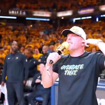 Pat McAfee hyping up Indiana Pacers fans in Gainbridge Fieldhouse during Game 4 of the Eastern Conference final series against the New York Knicks.