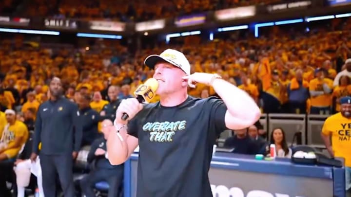 Pat McAfee hyping up Indiana Pacers fans in Gainbridge Fieldhouse during Game 4 of the Eastern Conference final series against the New York Knicks. Pat McAfee hyping up Indiana Pacers fans in Gainbridge Fieldhouse during Game 4 of the Eastern Conference final series against the New York Knicks.