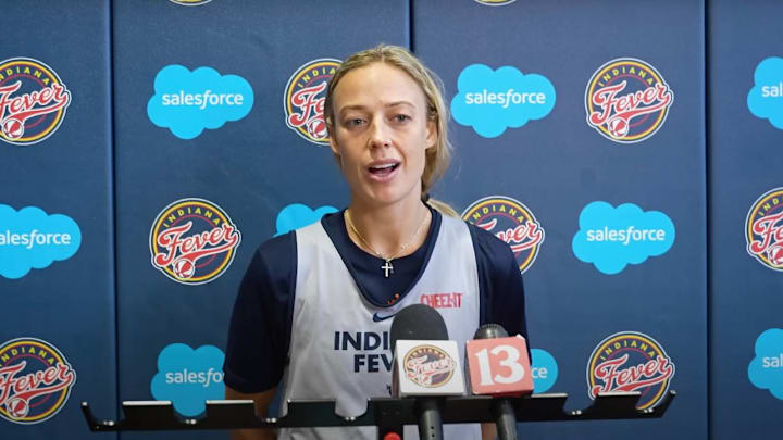 Indiana Fever guard Sophie Cunningham speaks to reporters during Sunday's practice media availability following 2025 WNBA All-Star weekend.