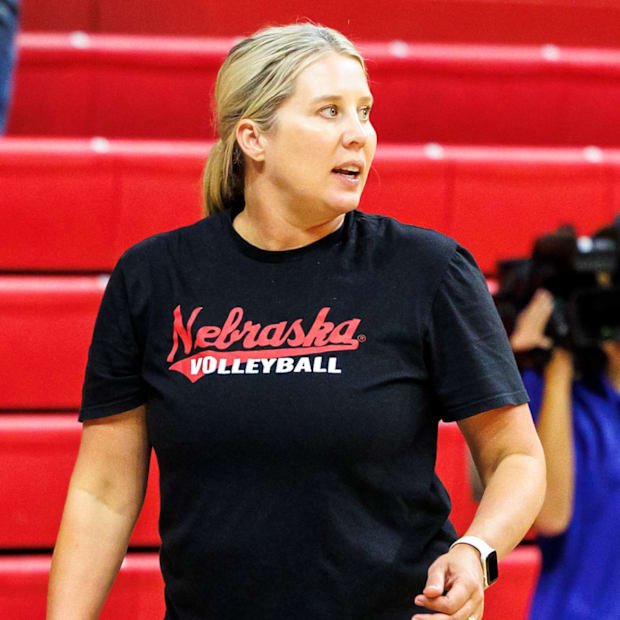 Nebraska volleyball coach Dani Busboom Kelly at practice ahead of the 2025 season.