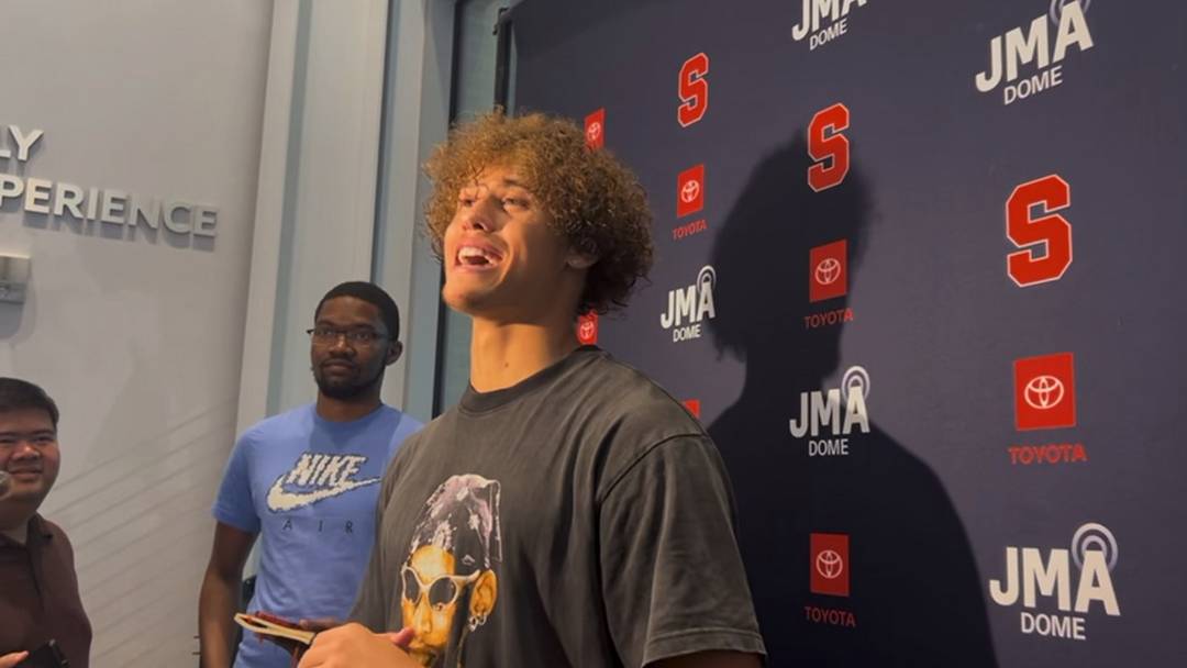 Aug 28, 2026; Syracuse, NY, USA; Syracuse wide receiver Cole Weaver addresses the media at John A. Lally Athletics Complex.