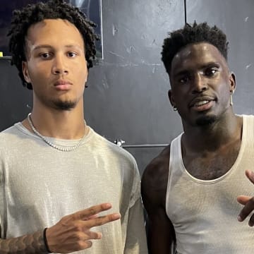 Quanell X Farrakhan Jr.  poses at a workout with Miami Dolphins wide receiver Tyreek Hill in the Houston area on Monday. 