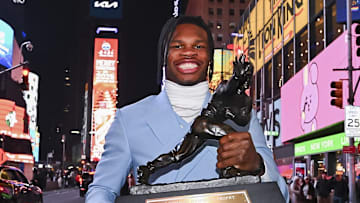 Dec 14, 2024; New York, NY, USA; Colorado Buffaloes wide receiver/cornerback Travis Hunter after winning the 2024 Heisman Trophy. Mandatory Credit: Todd Van Emst/Heisman Trust via Imagn Images