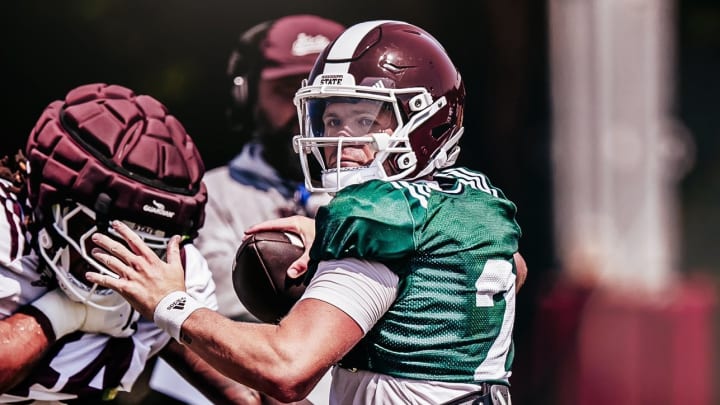 Mississippi State quarterback Blake Shapen looks downfield during a preseason practice in Starkville, Miss. Shapen is one of several new Bulldogs that could produce a stellar offense in 2024.